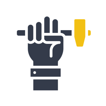 Hand holding yellow hammer, black background.