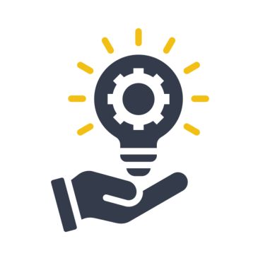 Hand holding lightbulb with gear icon.