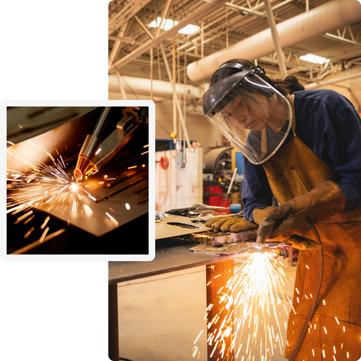 Person welding metal in industrial workshop.
