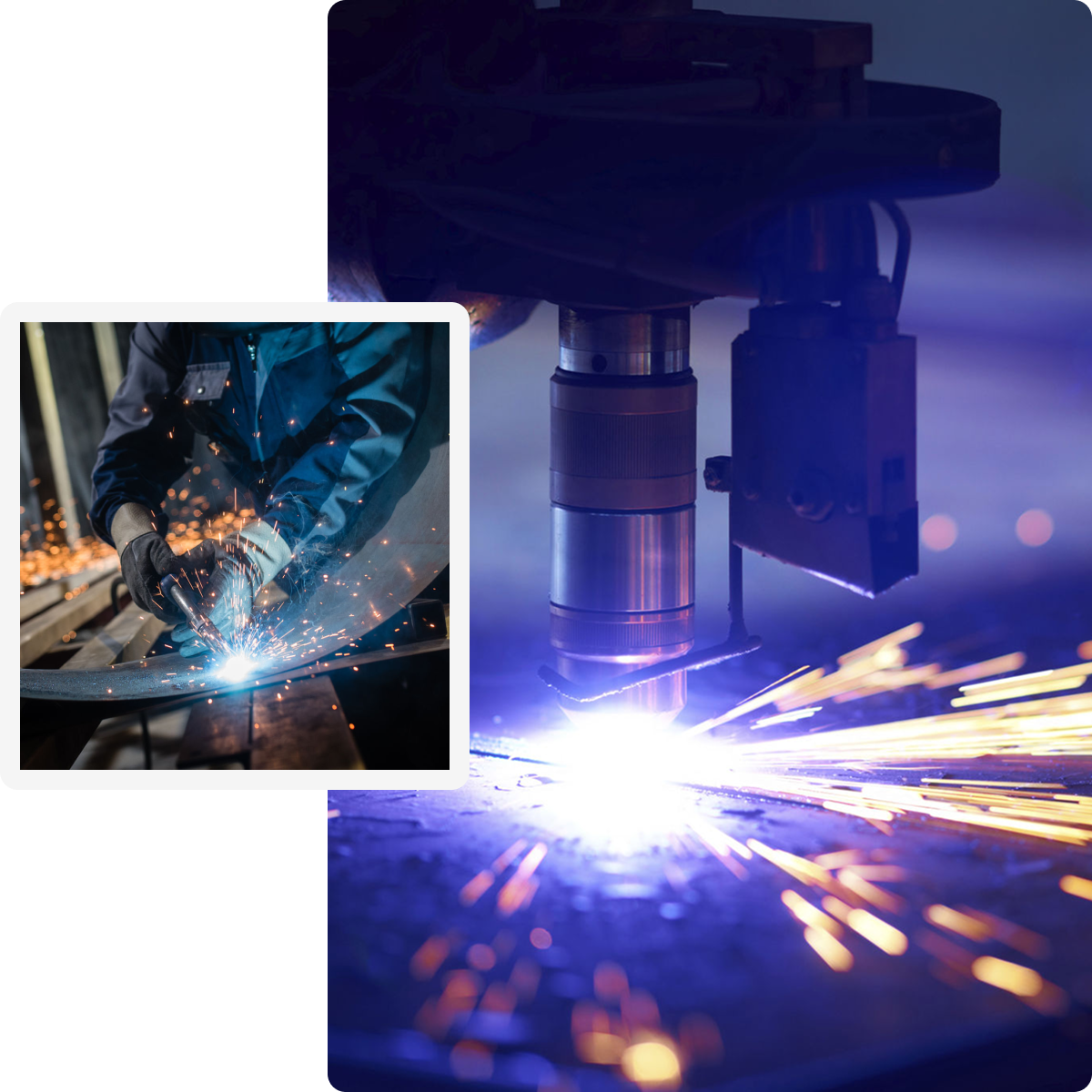Industrial welding and cutting with sparks flying.