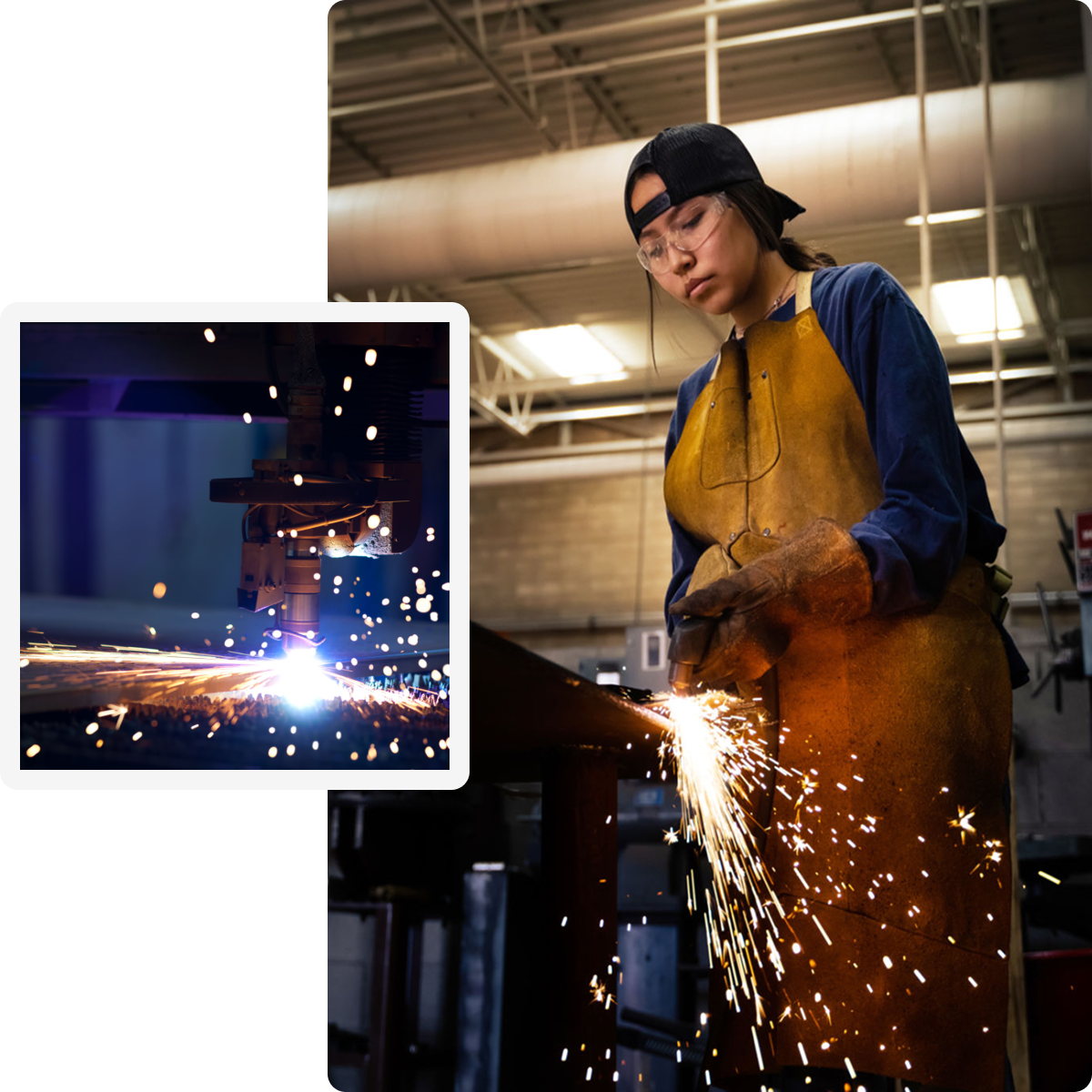 Welder wearing safety gear, sparks flying.